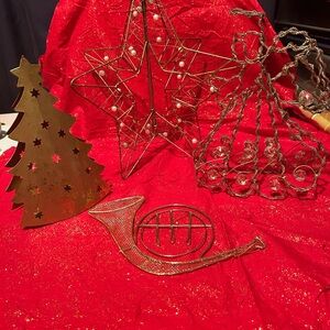 Christmas gold- French horn- wire angel- wire star- metal Christmas tree-used